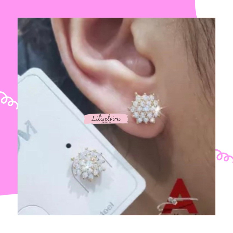 giwang/anting tusuk bunga full mata perhiasan wanita titanium gold