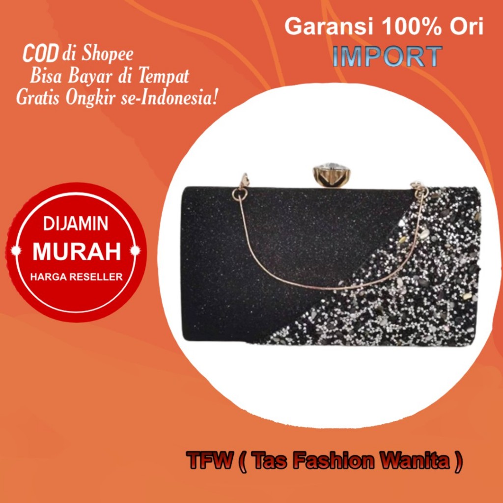 TFW 9421  TAS CLUTCH PESTA CHLOE EMBELLISHED CRYSTAL BOX SLING BAG KONDANGAN WANITA ELEGAN IMPORT ME