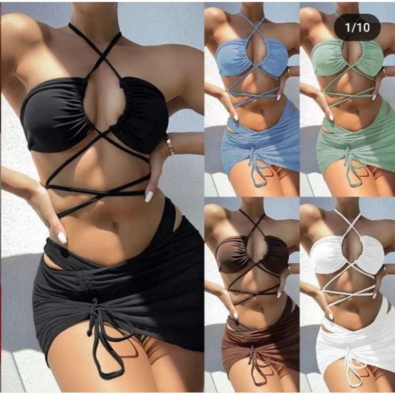 set bikini rok pantai swimsuit import premium fashion korea - set bikini swimwear baju pantai dress 