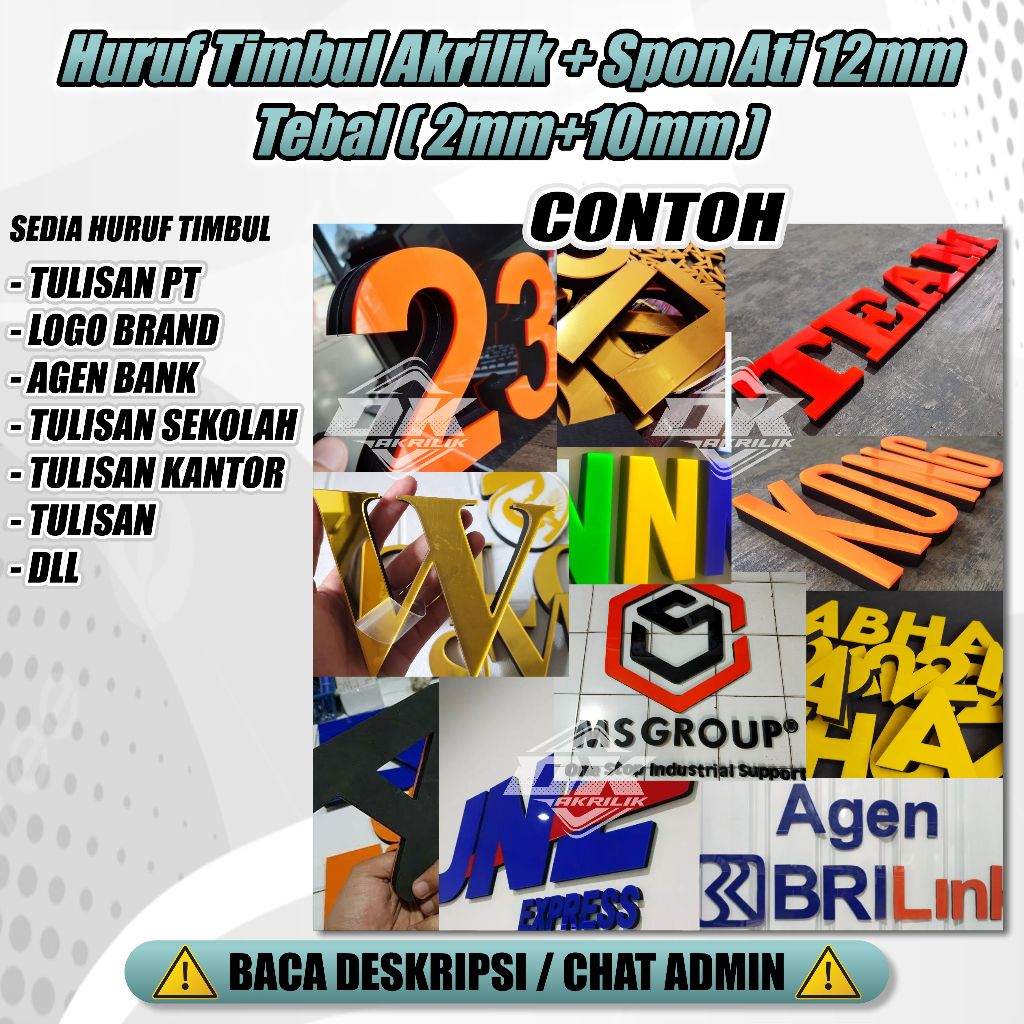 Huruf Timbul Akrilik + Spon Ati 12mm (2 mm+10mm) Huruf Timbul Huruf Akrilik Custom Akrilik