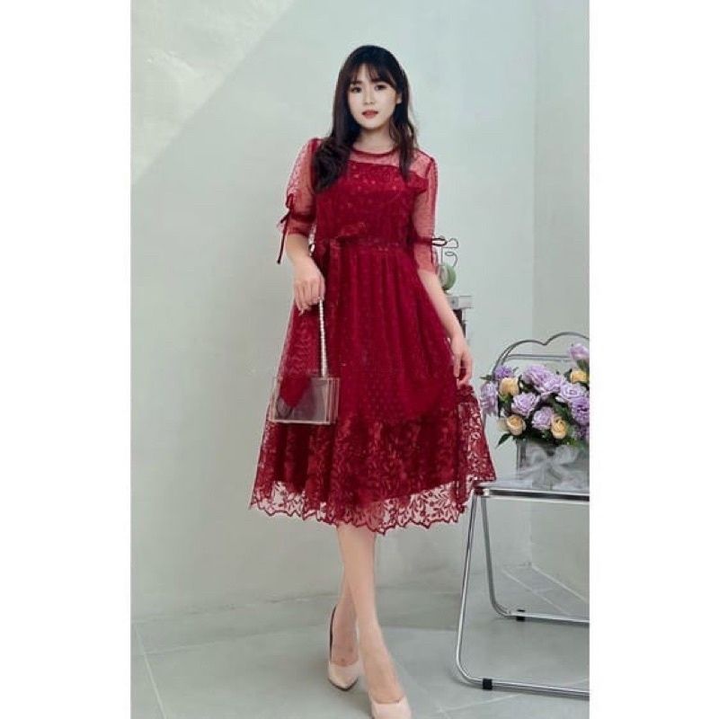 (DIJAMIN REALPICT) MIDI DRESS NATAL WENDY TILE DOT | REKOMENDASI OUTFIT BAJU PESTA KONDANGAN WANITA 
