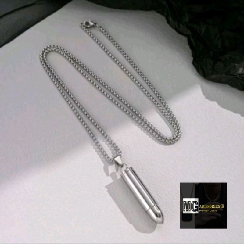Kalung Titanium Rollo Liontin Peluru Tabung Silver/Kalung Model Korean Style Antikarat Pria Wanita