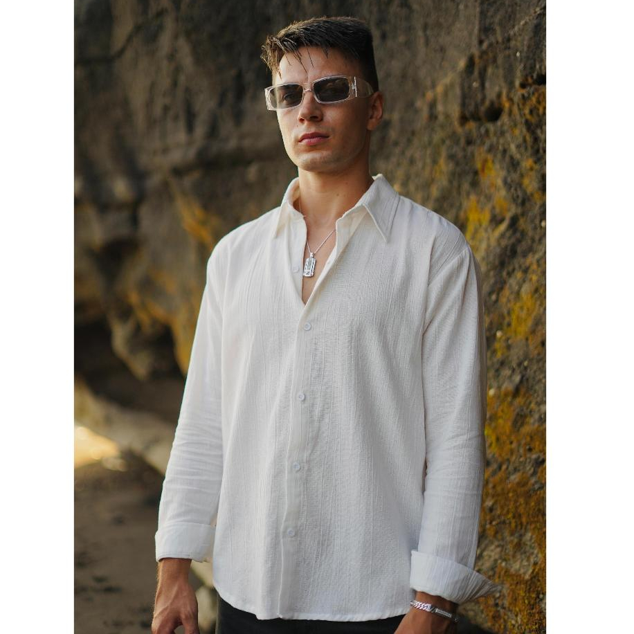 BEACHWELL Kemeja Pria Polos Lengan Panjang Casual Linen Katun Krinkel Premium Putih Hitam Cream Biru