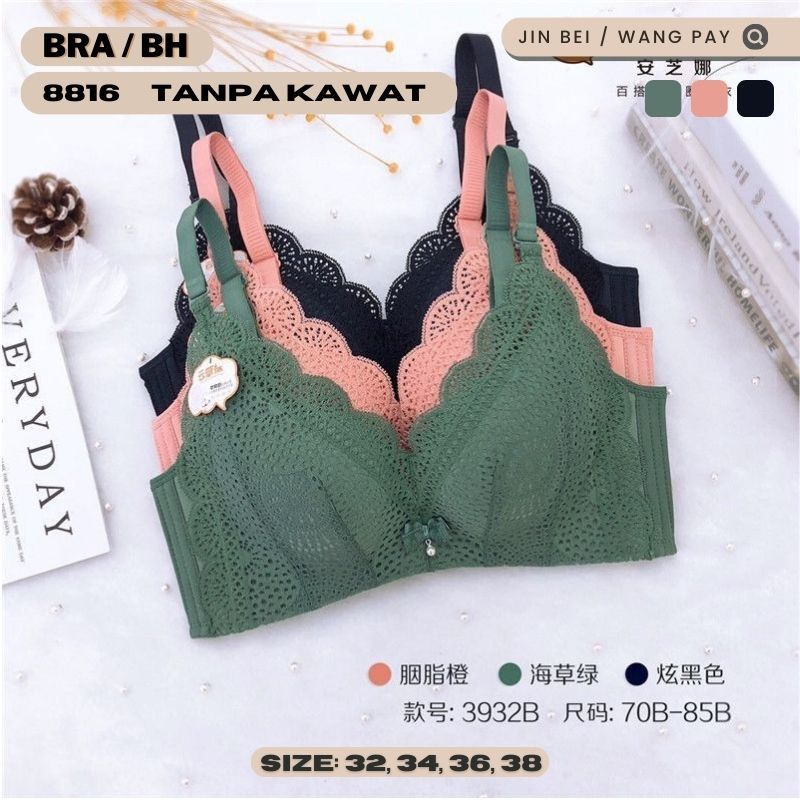 BRA / BH WANITA 8816 BUSA SEDANG TIDAK ADA KAWAT KAIN LEMBUT SIZE 32-38 KAIT 3 PAKAIAN DALAM WANITA