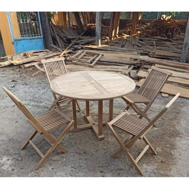 meja makan bulat kayu jati set 4 kursi makan lipat model garden mentahan
