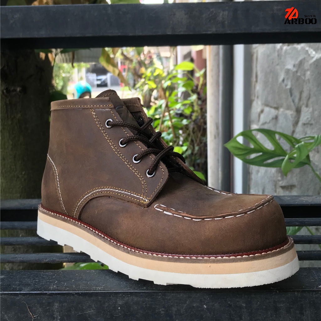 Sepatu Boots Moctoe Kulit Pria Coklat Crazy Horse genuine Leather Berkualitas