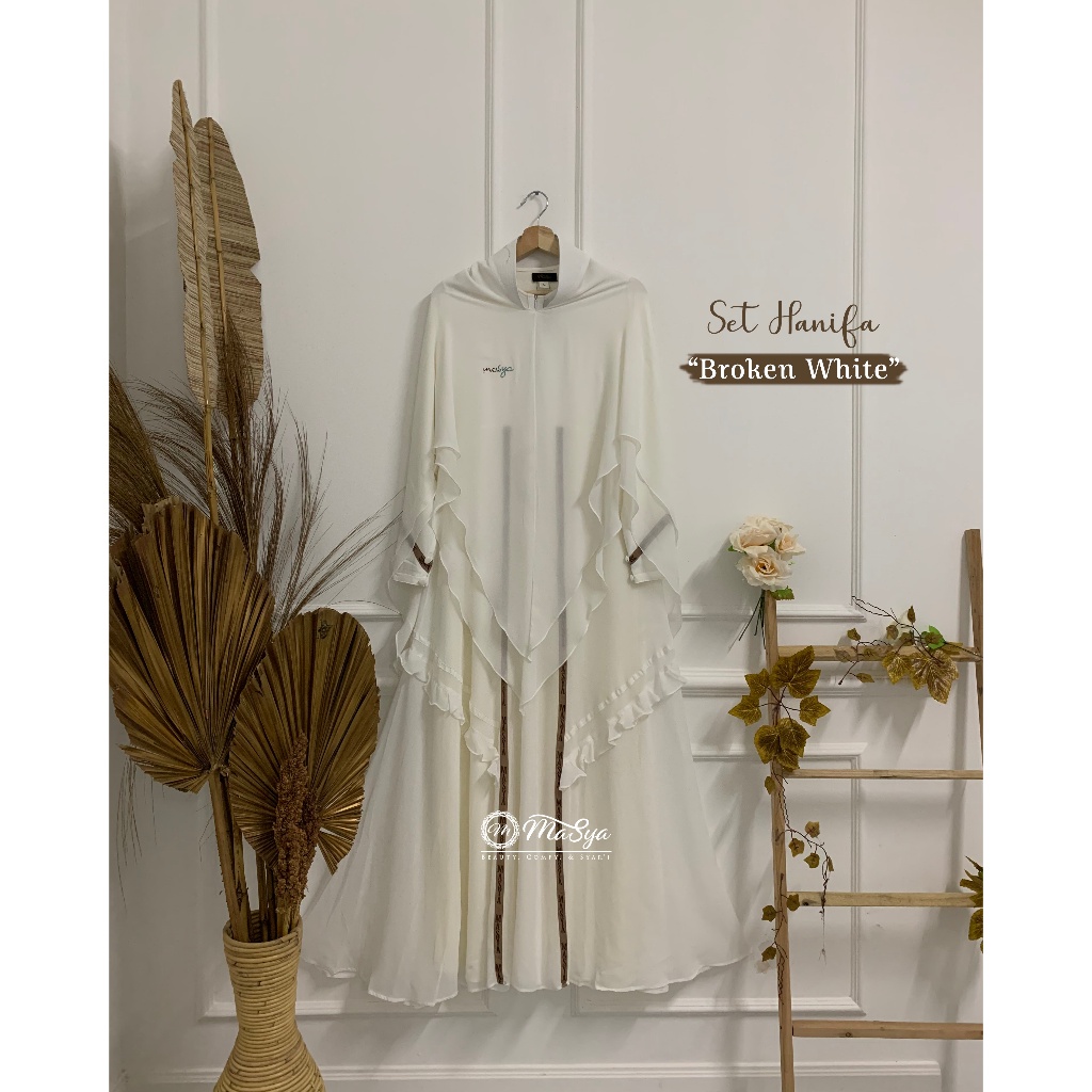 Set Gamis Dress Ceruty Babydoll Syari Branded Warna Putih Tulang - Broken White Mewah Masya Syari Or