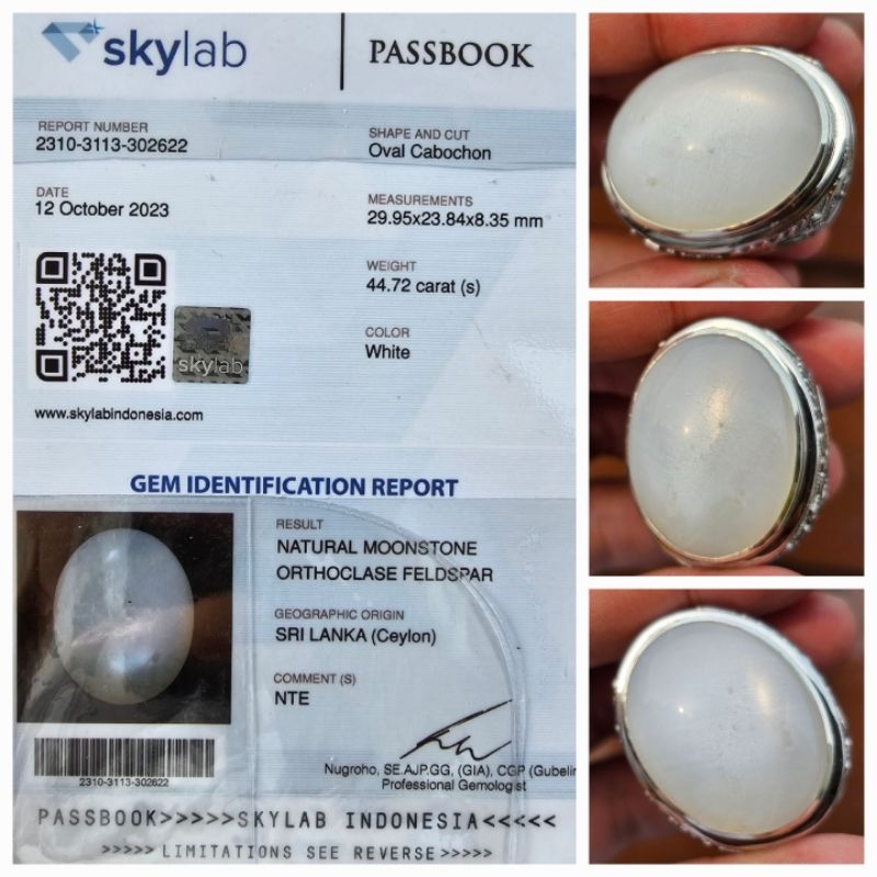 Natural Biduri Bulan Moonstone Ceylon Srilanka Sertifikat 44.72 crt