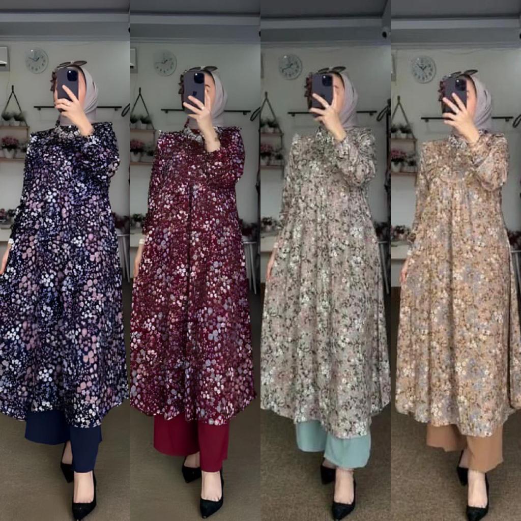 YASMIN SET TUNIK RAYON - SETELAN LONG TUNIK RAYON MOTIF NEW CELANA CRINKLE PREMIUM - ONE SET WANITA 