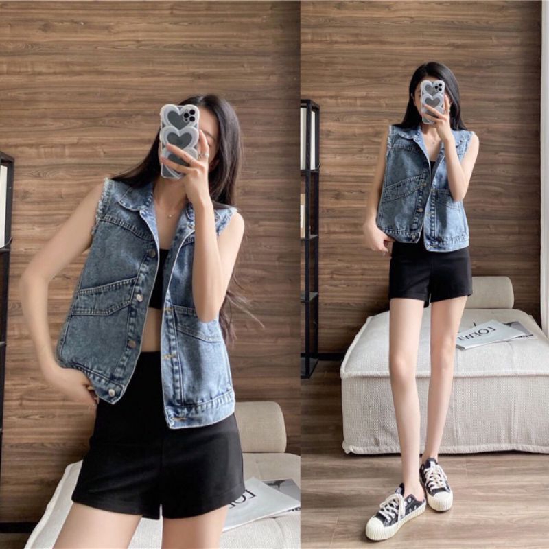 QUEEN SAKURA - Q3865B - BACK BUTTONS JEANS VEST IMPORT - VEST DENIM JEANS PREMIUM CASUAL KOREA WANIT