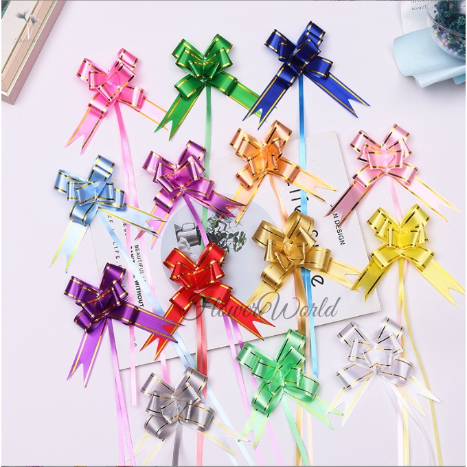 [FlowerWorld]Pita Tarik Ukuran Bunga 8.5cm Lis Emas Serut Besar Hiasan Parcel Souvenir Pull Flower Ribbon Ukuran Pita1.4x26cm Gold Stripes / Pita Kado Bahan Plastik / Dekorasi Kado Pita Hias / Pita Bucket Bunga