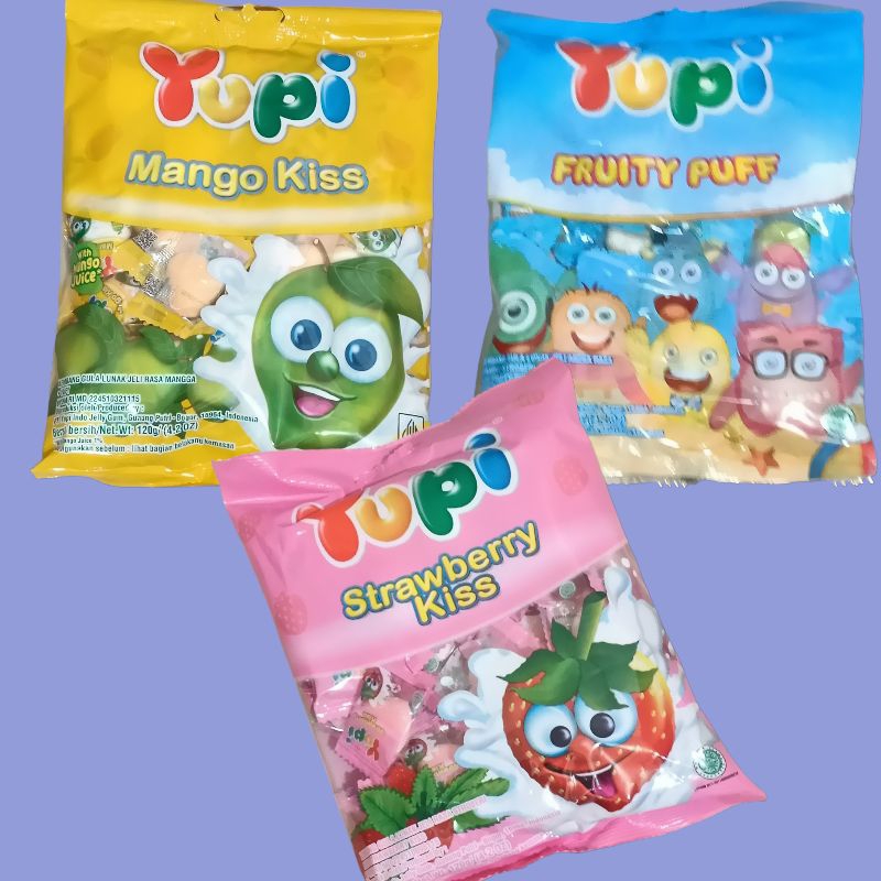 

Yupi Strawberry Kiss, Fruity Puff, Mango Kiis Permen Jelly 120 gr