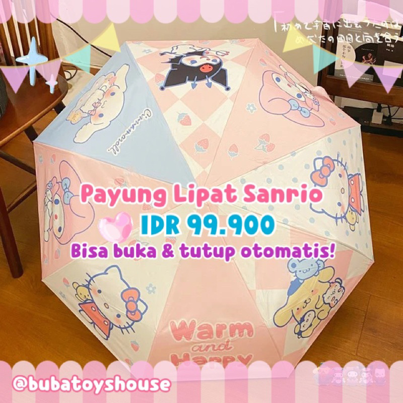 Payung Lipat Otomatis Sanrio Cinnamoroll Kuromi My Melody Pompompurin Hello Kitty Pink Lucu Pastel K