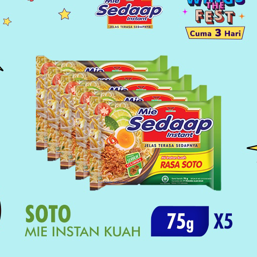 

HMBF2086 DISKON!!!!!!! Sedaap Mie Instan Soto Bag 75 gr x5