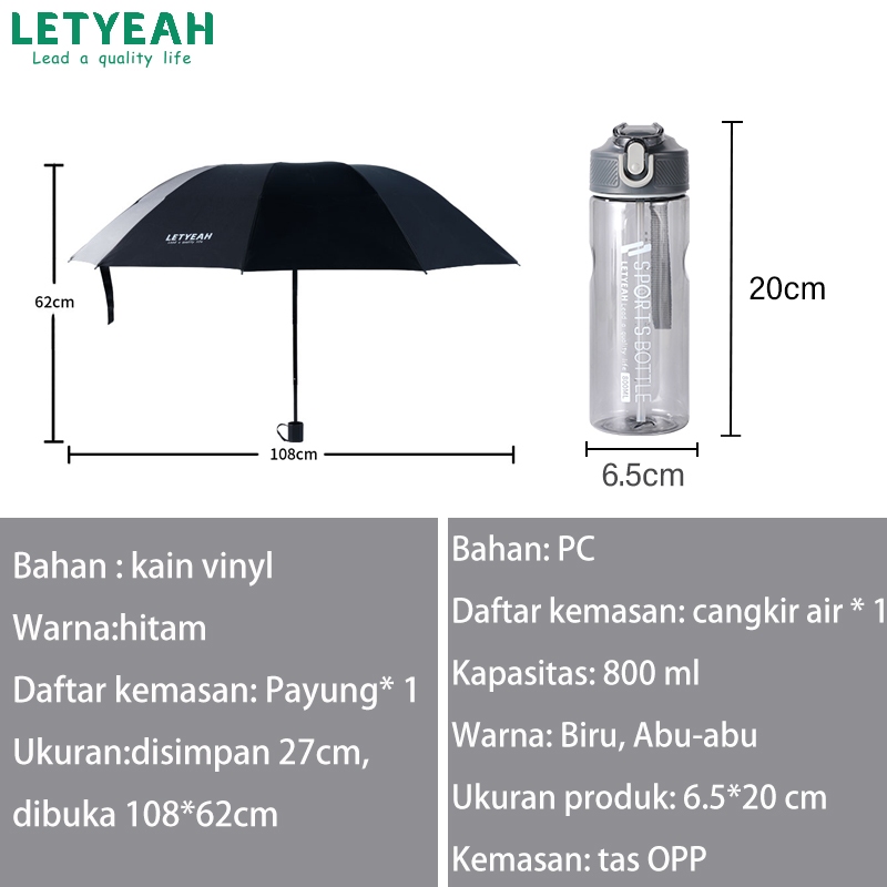 LetYeah payung lipat besar anti UV polos degan Botol Minum Sedotan Olahraga 800ml