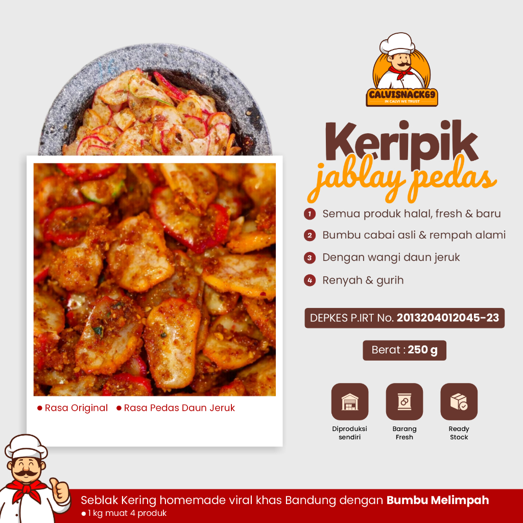 

Keripik Jablay Viral Pedas Daun Jeruk Dan Original Bakso Goreng Calvi Snack Gurih Kiloan Grosir Makanan Ringan Murah 250gr