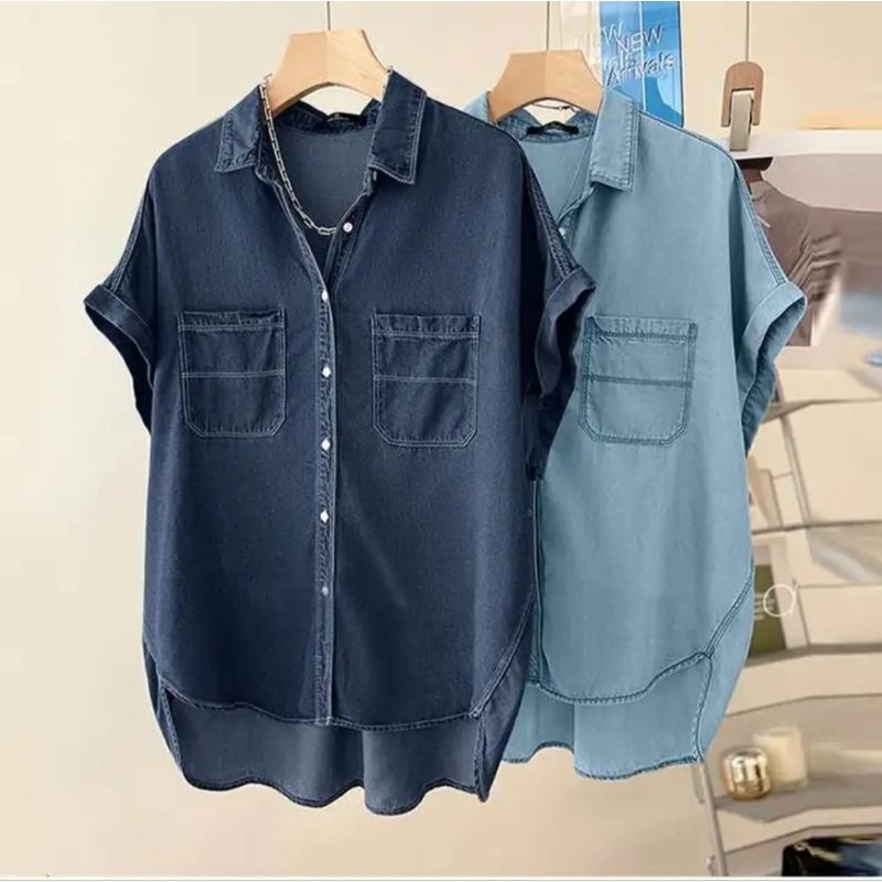 Kemeja Jeans Atasan Wanita Lengan Pendek
