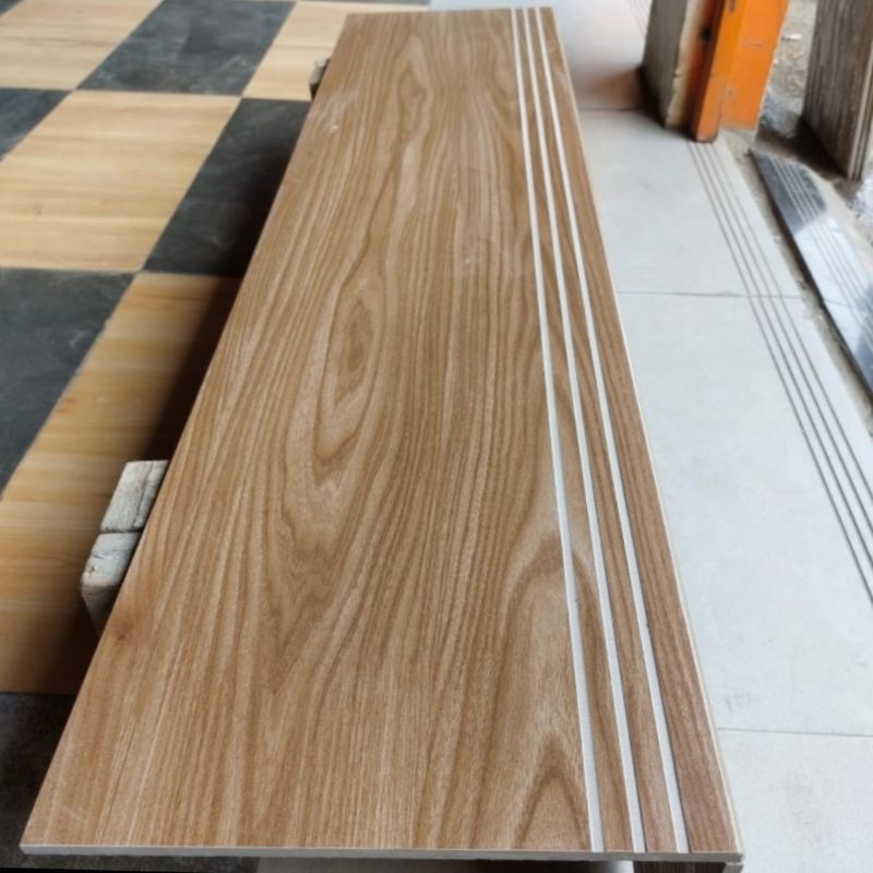 Granit lantai anak tangga stepnosing bevel motif kayu dopp matt elmwood brown grace tile kw1