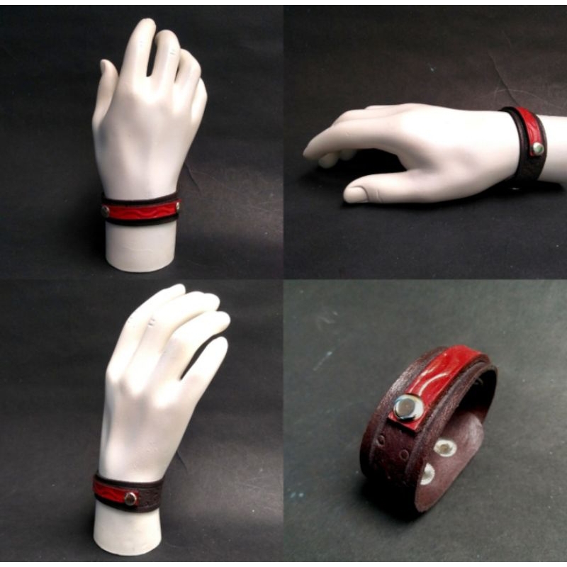 Gelang kulit asli dua kancing coklat + merah