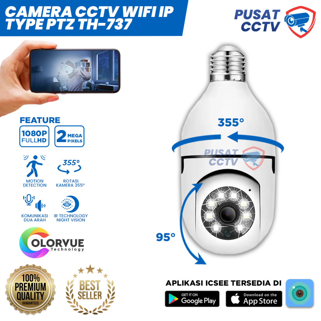 Camera CCTV IP Wifi Bohlam PTZ TH 737 2 MP App ICSEE, Camera CCTV IP Bohlam