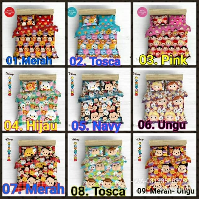 KENDRA Set Bedcover + Sprei 180x200 / 160x200 Tinggi 20cm TSUM-TSUM - Merah Tosca Pink Hijau Navy Un