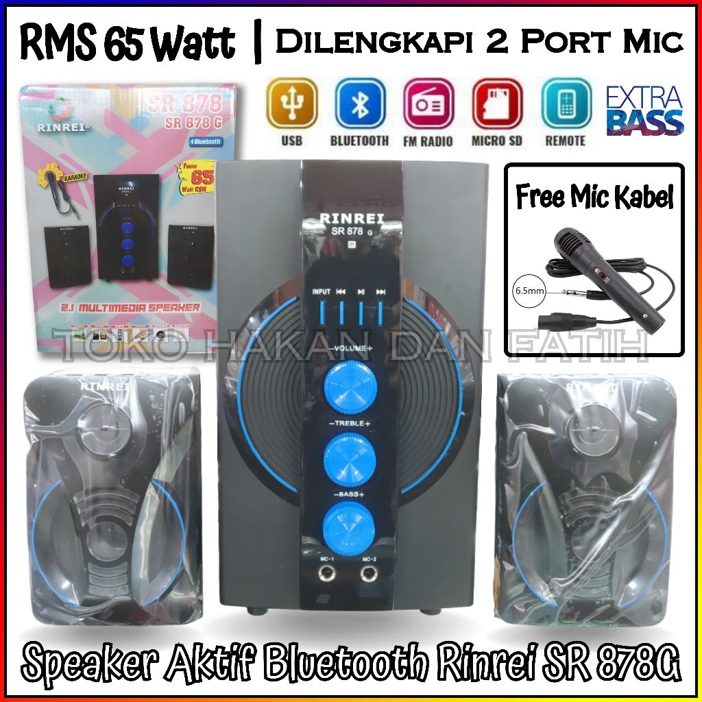 Terbaru  Speaker Aktif RINREI SR 878G ( Gratis Mic Kabel ) Audio Multimedia 2.1 Super Woofer Bluetoo