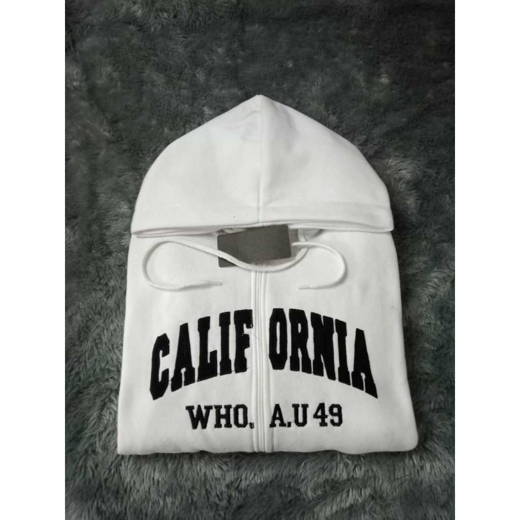 Jaket Hoodie WHO AU Califonia 1849 White Putih Zipper Pria Wanita Teks Bordir Premium Quality