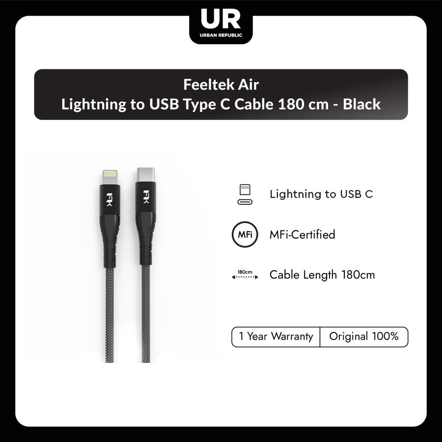 Feeltek Air Lightning to USB-C Cable 180cm Metallic + Braid - Black