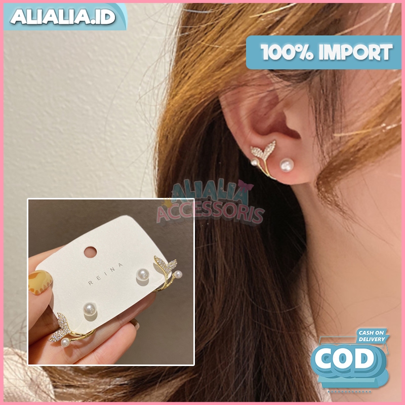 Anting Korea Wanita Titanium Giwang Tusuk Model Ekor Ikan Fishtail Mutiara Pearl Perhiasan Aksesoris