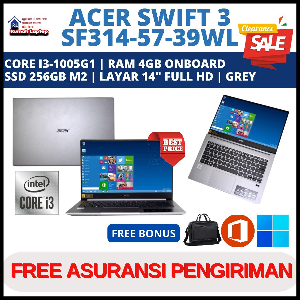 Laptop Acer Swift 3 SF314-57-39WL Core i3-1005G1 Ram 4Gb Ssd 256Gb 14" Full Hd Grey