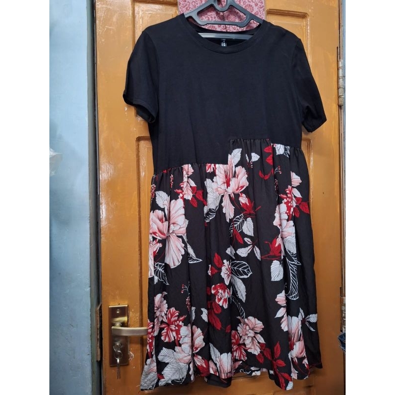 PL dres kaos kombinasi satin motif bunga