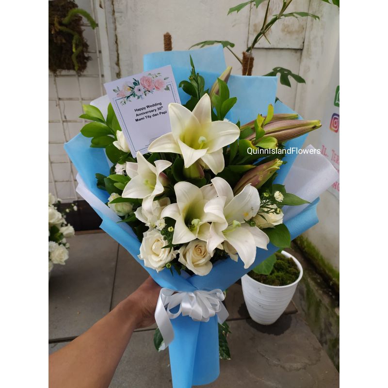 Buket Bunga Asli Fresh - Lili Mawar - Size L - Florist Bandung - Toko Bunga Bandung