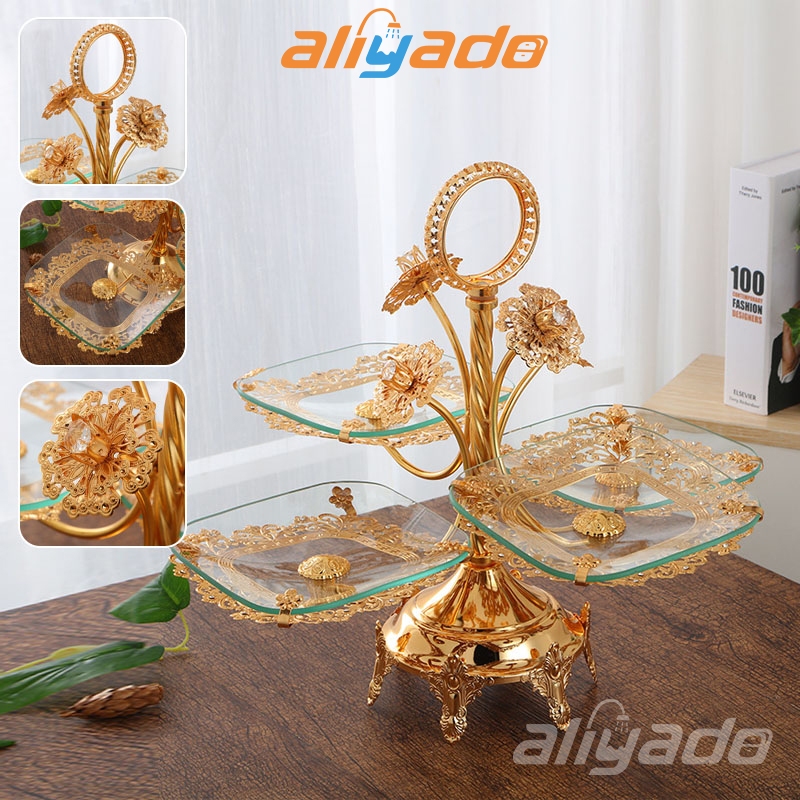 ✅Aman✅Nampan Estetik Mewah Ornamental Fruit Plate Golden Dining Room Dessert Fruit 4/2/1 Lantai Wedding Home Jewelry Display Piring dan Nampan Modern Camilan Permen kue Mangkuk Makanan bagus