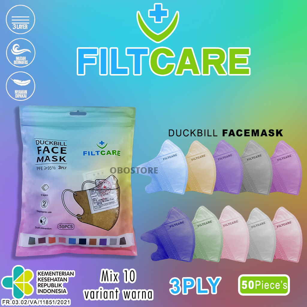 Masker Filtcare Duckbill Earloop 3 ply 50 pcs Mix 10 Warna