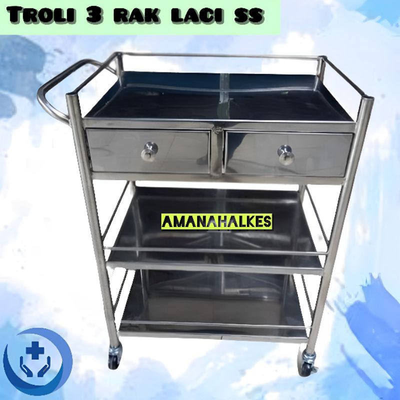 trolley 3 rak 2 laci, furniture alkes murah, trolley dorong, trolley makan