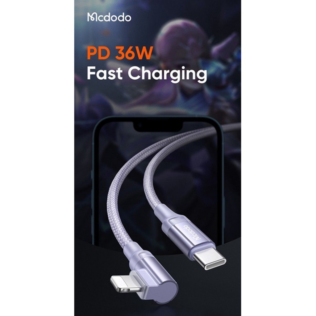 Kabel Data Charger Mcdodo Type C to Lightning iPhone Fast Charging 36W Auto Power Off 1,2 Meter 120CM L Shape Nylon Braided Gaming Charger IOS Original Garansi CA1261 CA1260
