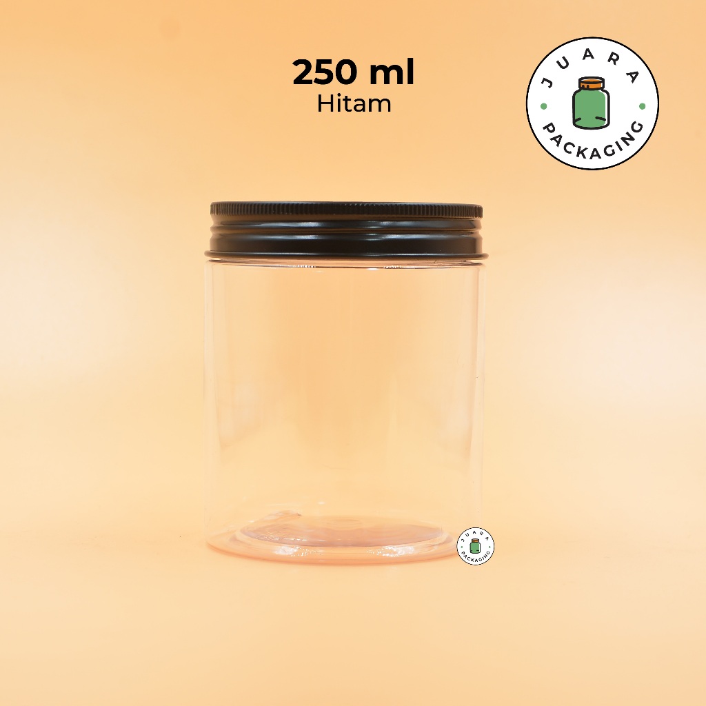 Toples Plastik 250ml Bahan PET Tebal dengan Tutup Aluminium Warna Hitam – Jar Plastik Serbaguna untu