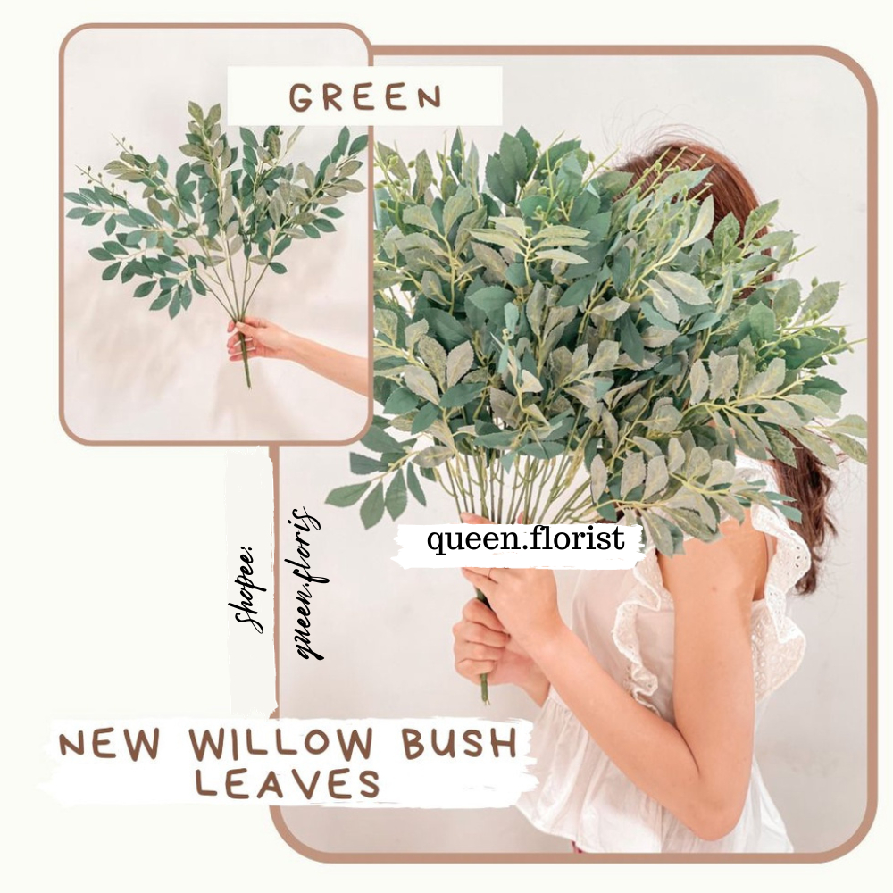NEW 5 CABANG WILLOW BUSH Daun Plastik Palsu Artificial Dekorasi Willow Leaves Bunch Daun Willow Leaf