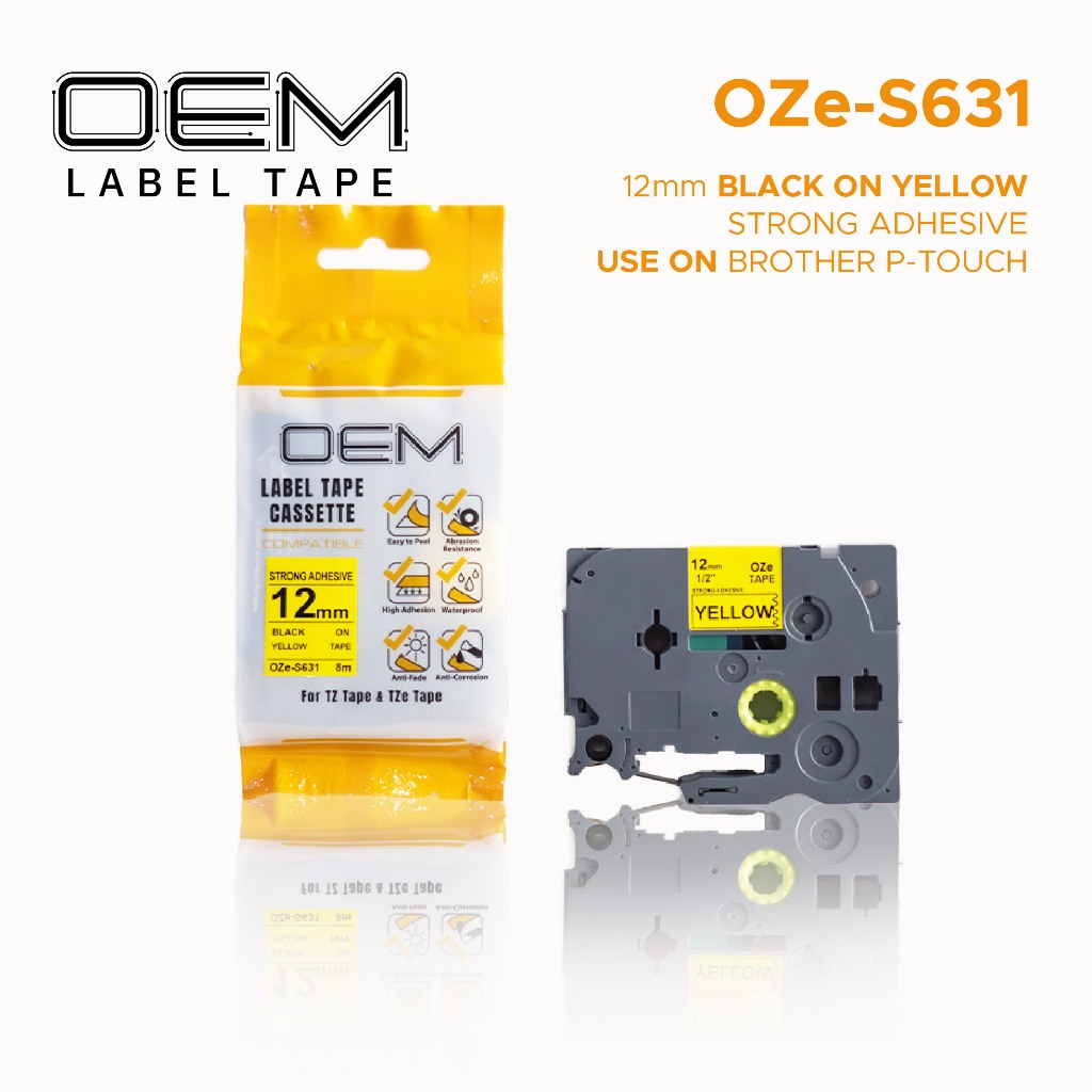 

OZe-S631 OEM LABEL TAPE PTOUCH STRONG ADHESIVE 12mm BLACK ON YELLOW