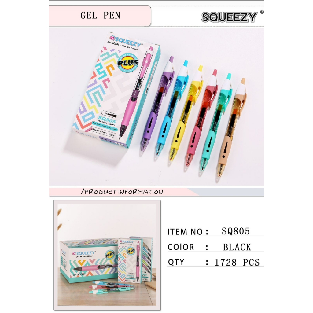 

qwe Pulpen Gel Pen Cetek Squeezy GP SQ-805 Retractable isi 1 Box 12 pcs - Hitam