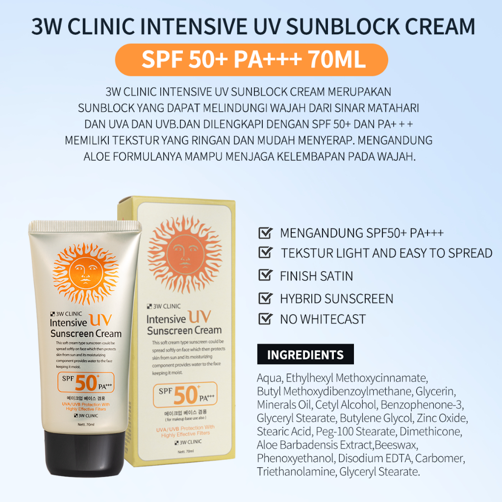 𝟯𝗪 𝗖𝗟𝗜𝗡𝗜𝗖 SPF 50++ Sunblock Cream Wajah Sunscreen Korea