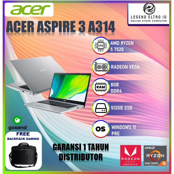 Laptop ACER Aspire 3 A314 RYZEN 5 7520 8GB 512GB W11PRE 14.0