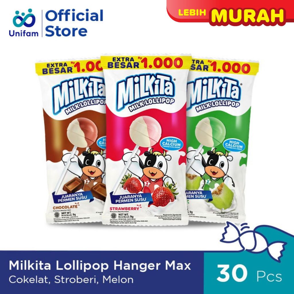 

Milkita Permen Lolipop Susu Hanger Max - Milk Candy 1 Bag (Isi 30Pcs) @9 Gram - Coklat, Strawberry, Melon