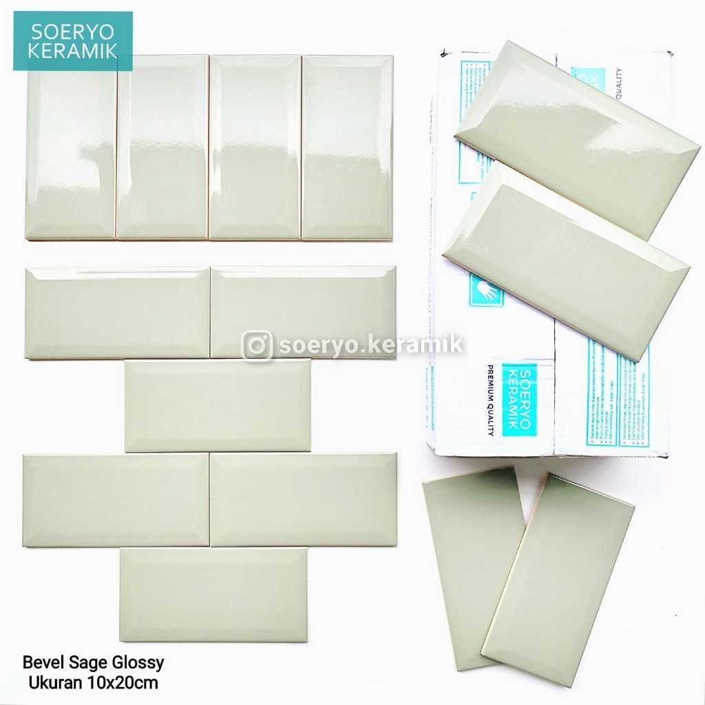 Keramik Dinding Kamar Mandi / Dapur Bevel Sage Glossy Ukuran 10x20cm