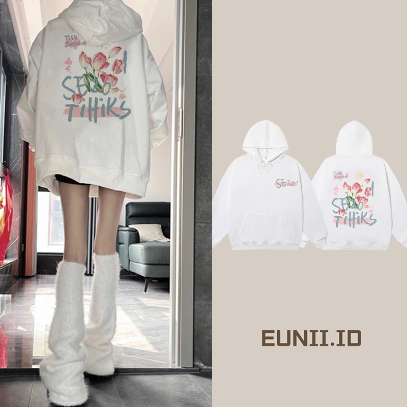 EUNII Hoodie Sweater Lengan Panjang Cherry Blossom Korean Style/Sweater Crop/Baju Wanita/Switer Wani