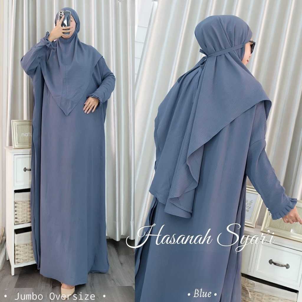 BAJU GAMIS SYARI SETELAN WANITA MUSLIM HASANAH SET KHIMAR TERBARU - Blue