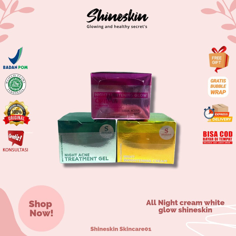 Shineskin night cream whitening L1, L2, L3, Nca/ krim malam whitening glow,  krim malam shineskin