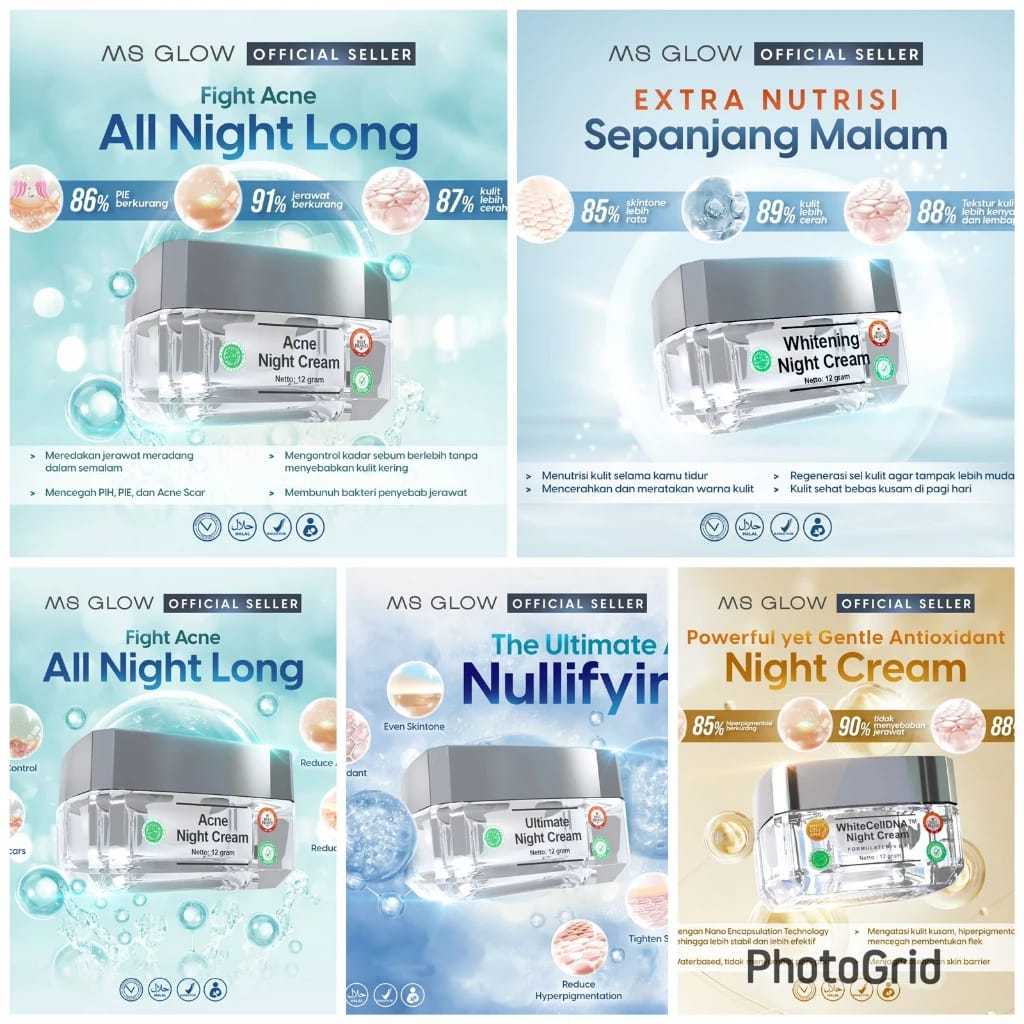 (KEMASAN TERBARU) MS GLOW NIGHT CREAM WHITENING/ACNE/ULTIMATE/LUMINOUS/NIGHT WHITE CELL DNA/AKTIVASI