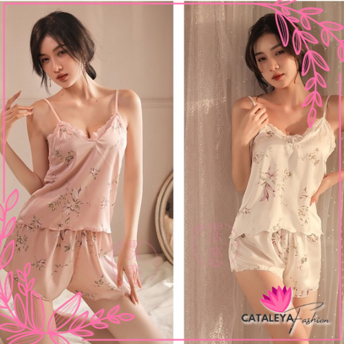Piyama Wanita Satin Silk Tali Spaghetti Set Atasan Celana Pendek Bunga