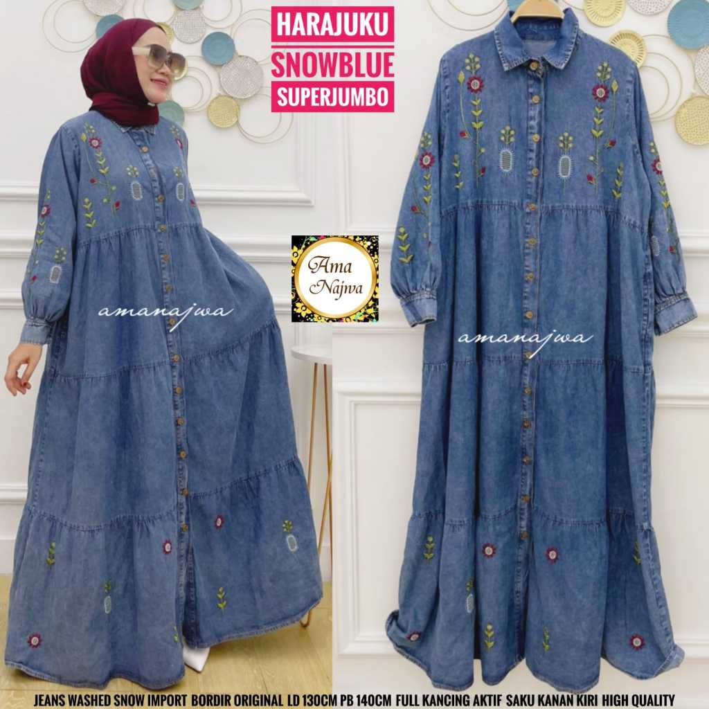 harajuku maxy maxi dress dres baju pakaian jeans jins jean gamis polos big size super jumbo ld 130 x